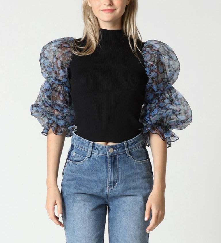 Tight body mesh puff sleeves top