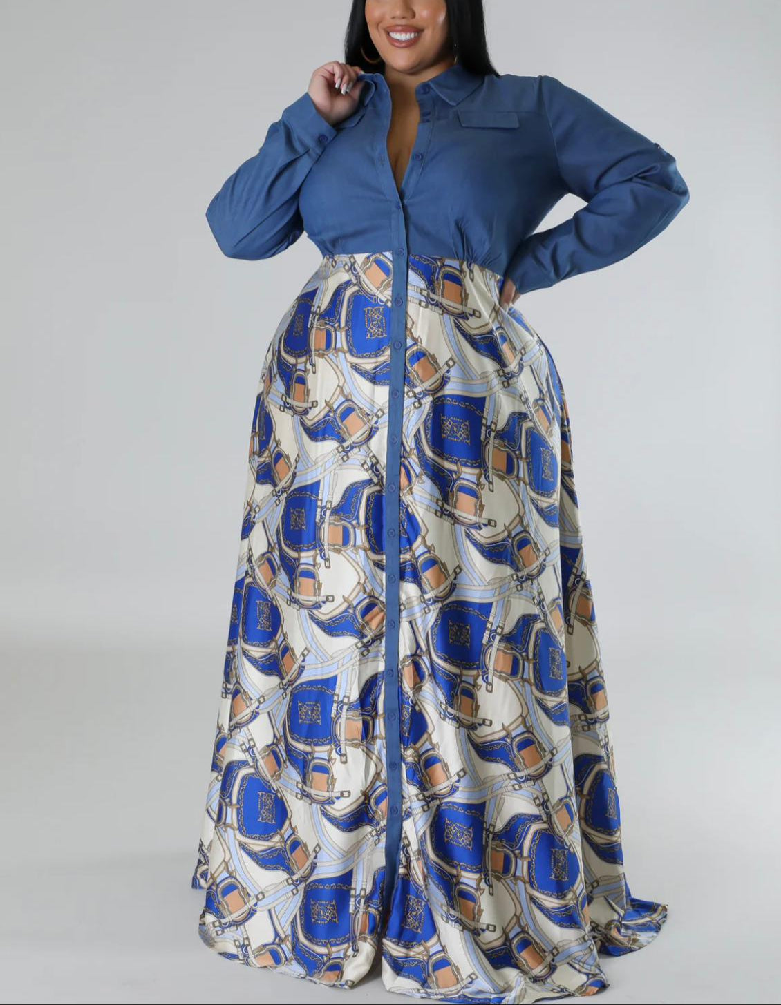 Denim print button long dress