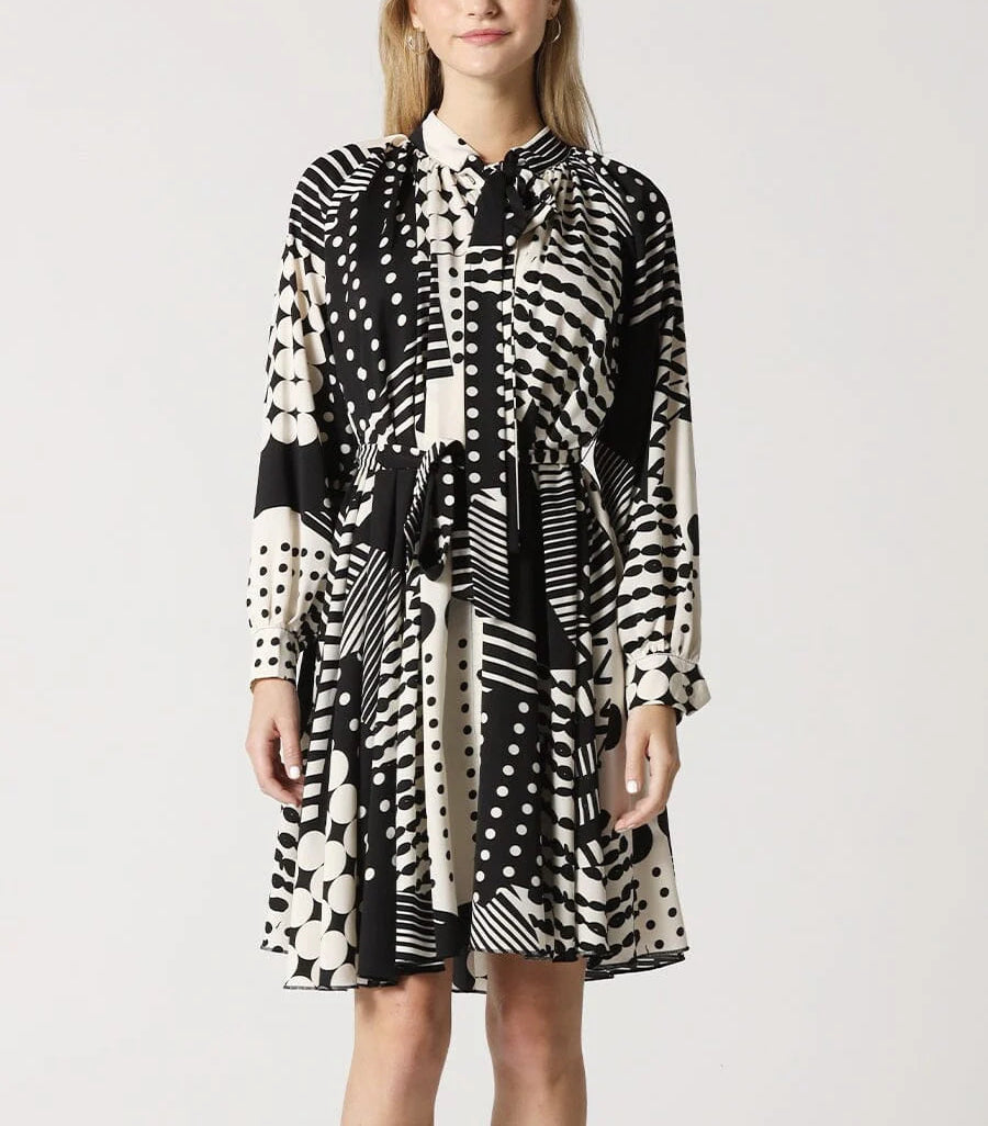 Geometric Pattern Neck Bown Midi Flare
