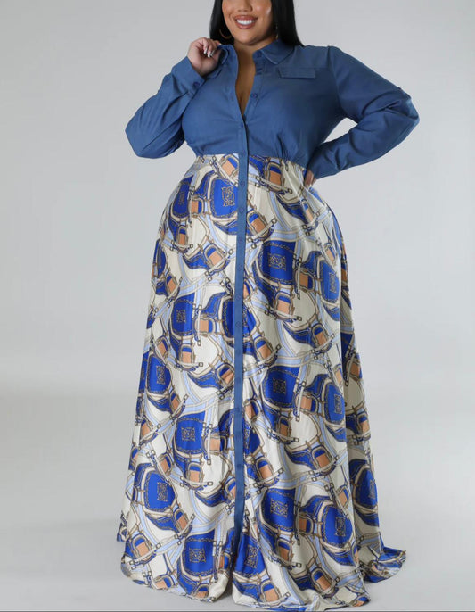 Denim print button long dress