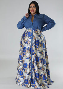 Denim print button long dress