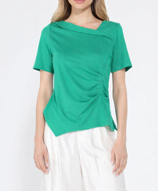 Asymmetrical neck ruched detail solid top