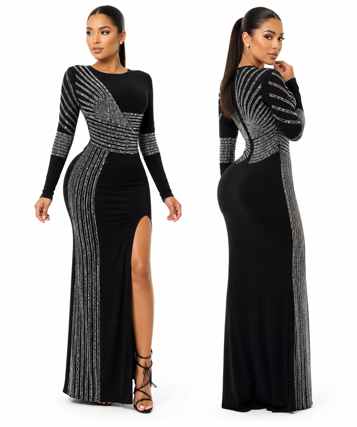 Black and Silver Sequins Slit Evening Dress with Sleeves