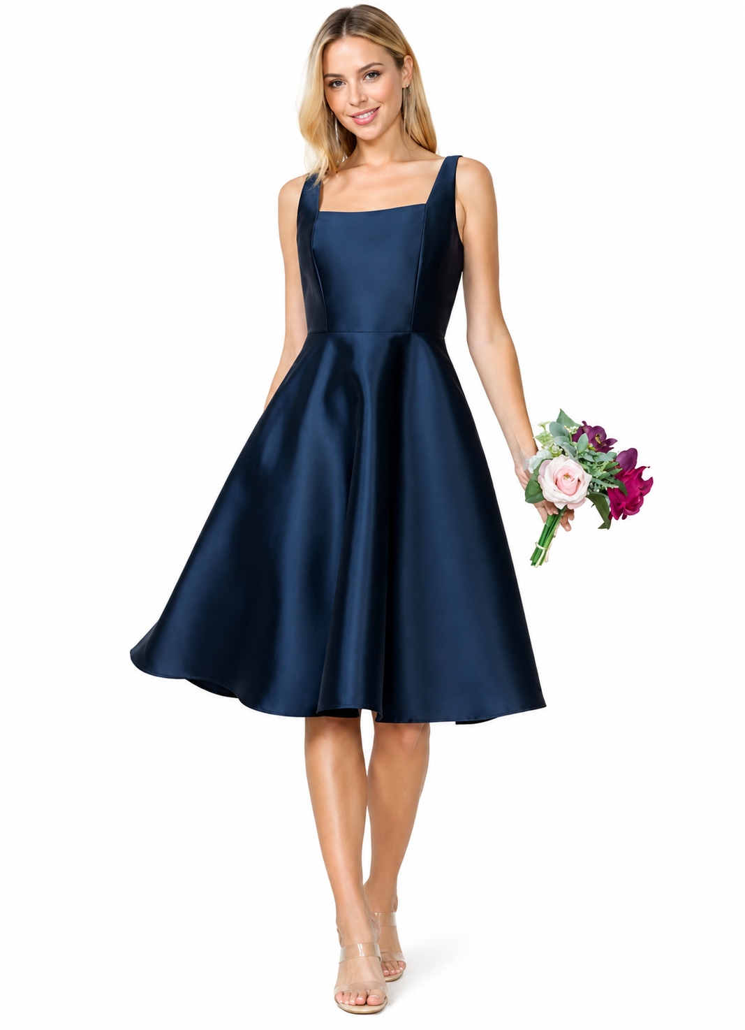 SQUARE NECK SOLID COLOR TAFFETA MIDI