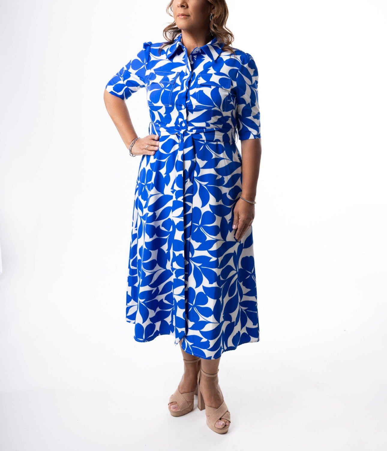 Natural Print Shirt Dress W/ Waist Ribbon