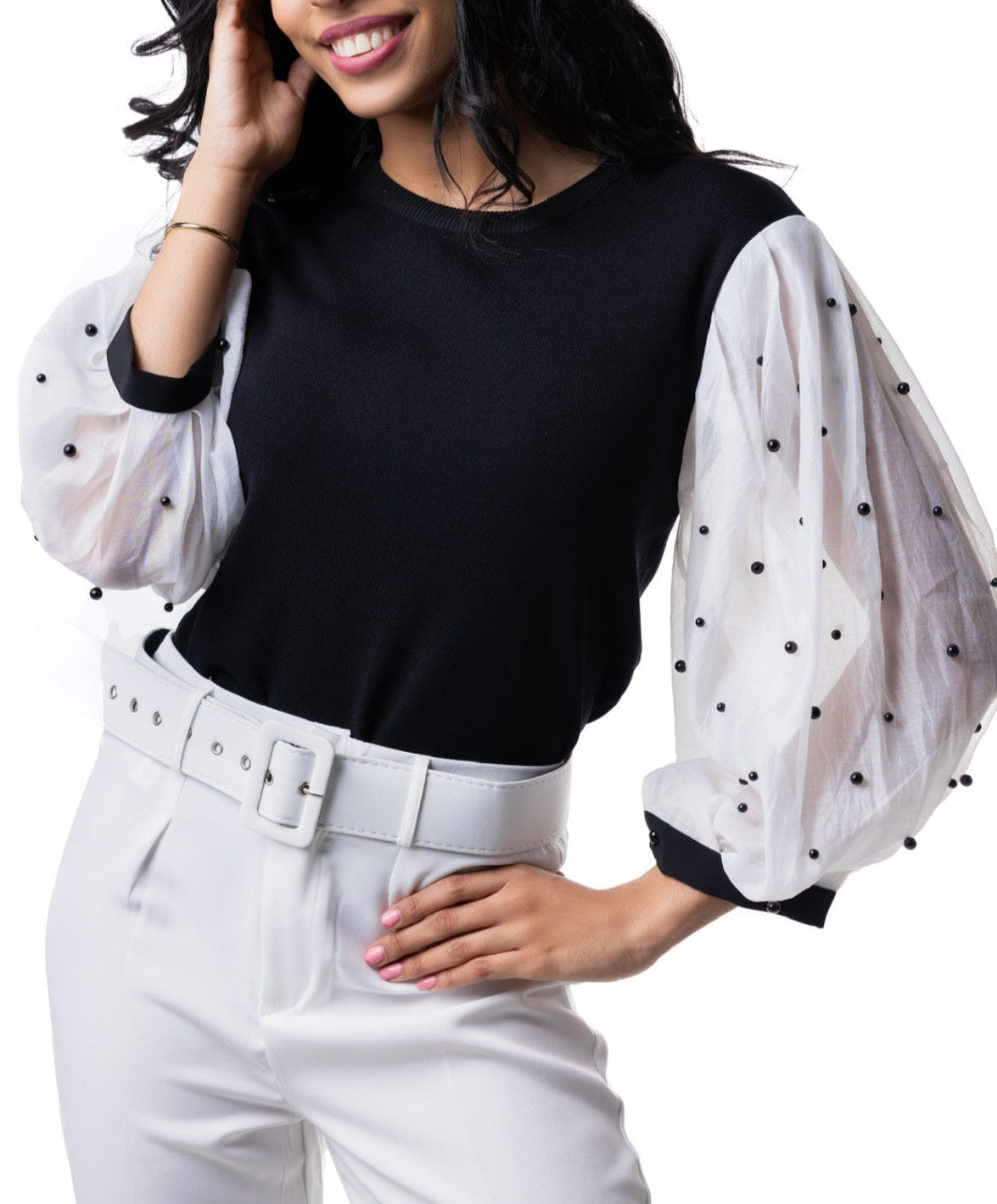Camisa manga larga blanca de perlas negras GRACIA