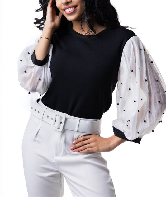 Camisa manga larga blanca de perlas negras GRACIA