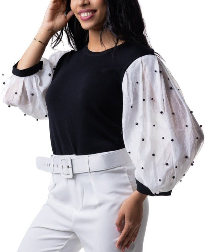 Camisa manga larga blanca de perlas negras GRACIA