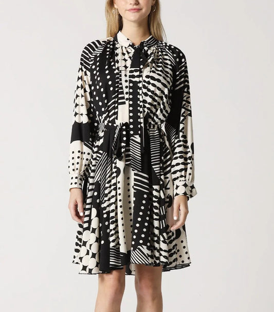 Geometric Pattern Neck Bown Midi Flare