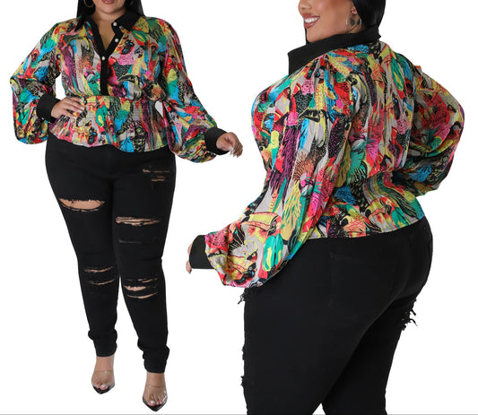 BLUSA CUELLO TOP, MANGA LARGA, CINTURA AJUSTADA