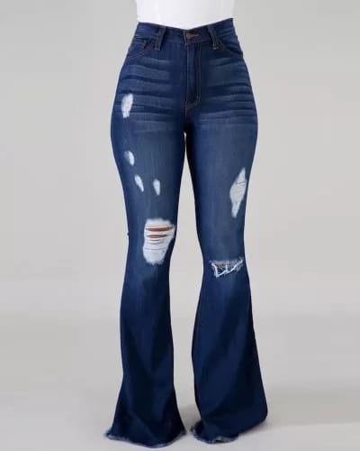 WOMEN STRETCH RIPPED BELL BOTTOM DENIM PANTS