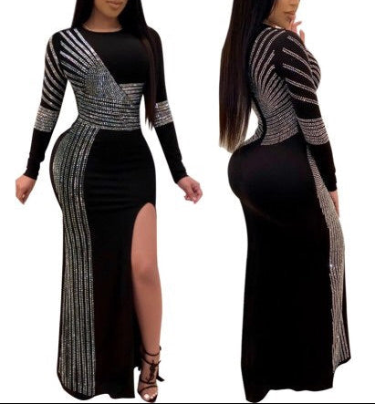 Black and Silver Sequins Slit Evening Dress with Sleeves
