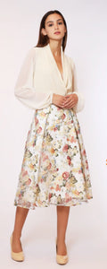 Black zipper flower pattern puff flare skirt