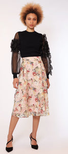 Black zipper flower pattern puff flare skirt