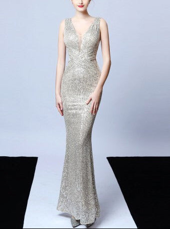 Sequins V-Neck Sleeveless Mermaid Evening Dress